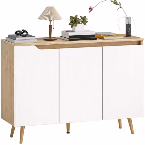HOMCOM White and Oak Sideboard Storage Cabinet with Rubberwood Legs