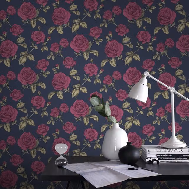 Boutique Countess Floral Botanical Wallpaper in Navy Blue and Multicolour