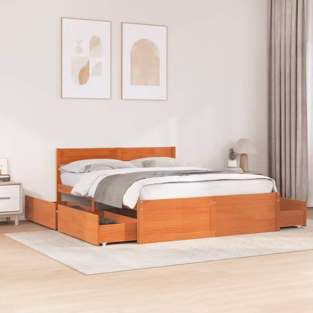 Berkfield Home Solid Wood Pine Bed Frame with Drawers, Wax Brown, W: 140 cm, D: 200 cm – 1