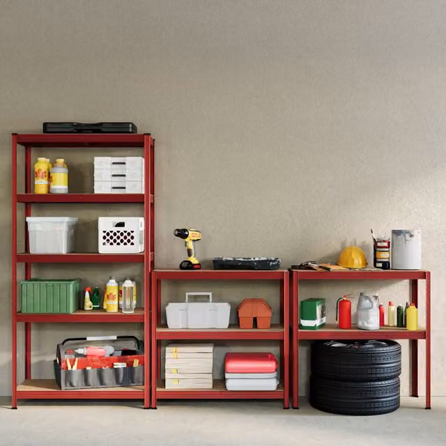 Home Discount Home Vida Set of 2 Red 5 Tier Heavy Duty Garage Shelves and Work Benches, W/D/H: 180 x 90 x 90 cm