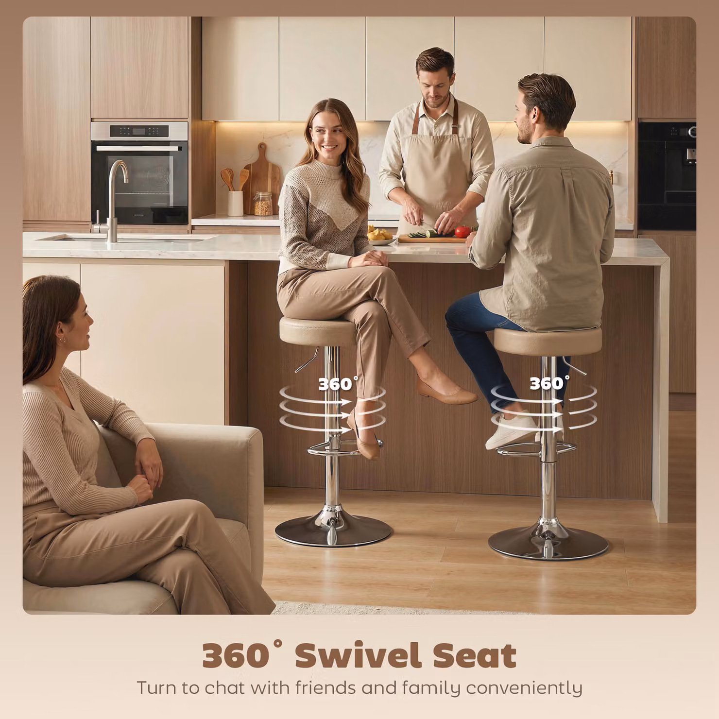 HOMCOM Set of 2 Modern Brown PU Leather Swivel Bar Stools with Height Adjustable Seats and Footrests – 3