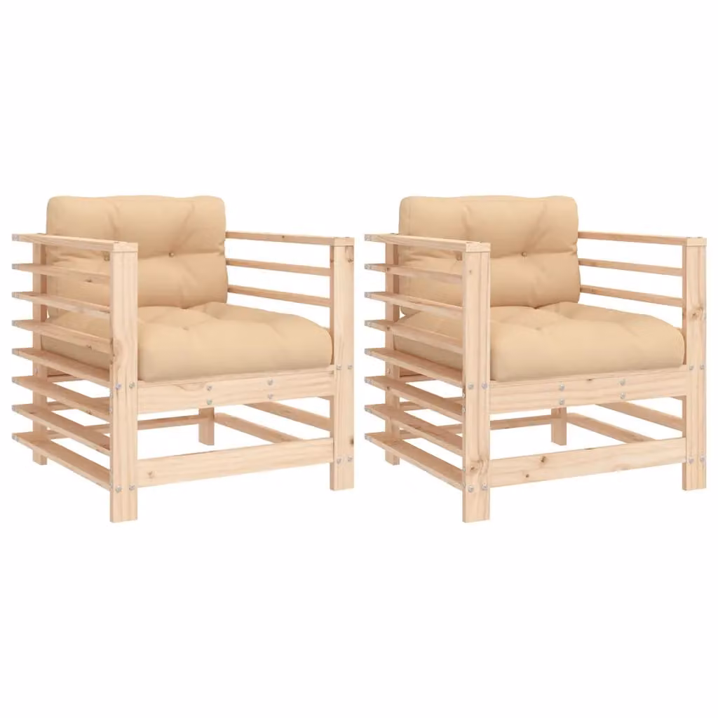 Berkfield Home Set of 2 Rustic Brown Solid Pine Garden Chairs with Beige Outdoor Fabric Cushions and Armrests – 2