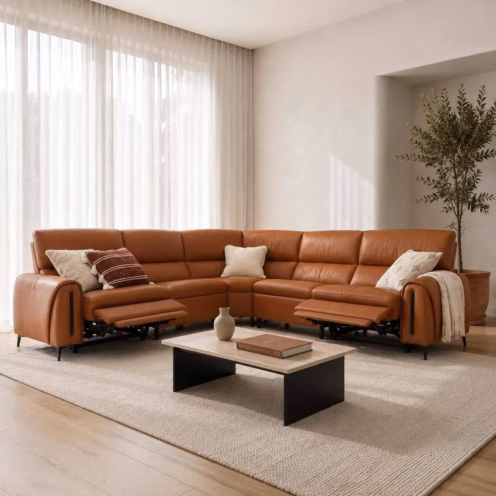 Furnishings For Less UK Aria L Shaped 5 Seater Electric Recliner Sofa in Tan Synthetic Leather with USB Charging and Scatter Cushions – 2
