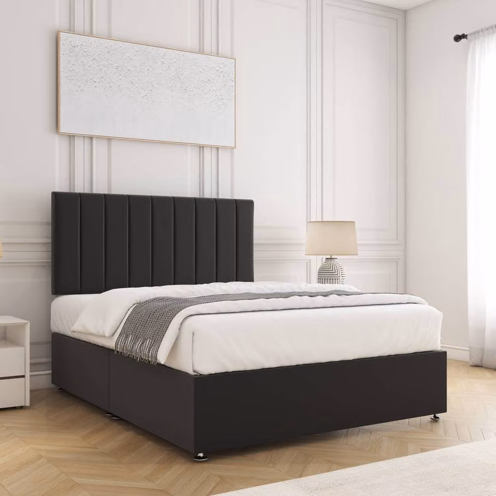 BSSPOKE Aria Double Divan Bed Set with 24 inch Plush Velvet Headboard and Mattress in Black, W/D/H: 140 x 200 cm