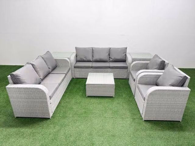 Fimous PE Rattan High Back Lounge Sofa Set in Light Grey with 3 Seater Sofa, Reclining Chair, Square Coffee Table and 2 Side Tables
