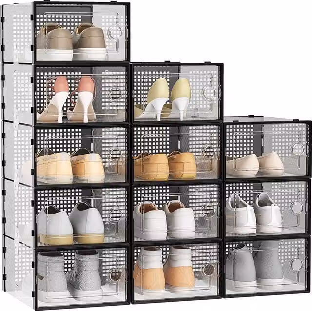Livingandhome Set of 12 Stackable Clear Acrylic Shoe Boxes in Black, 33.5 cm
