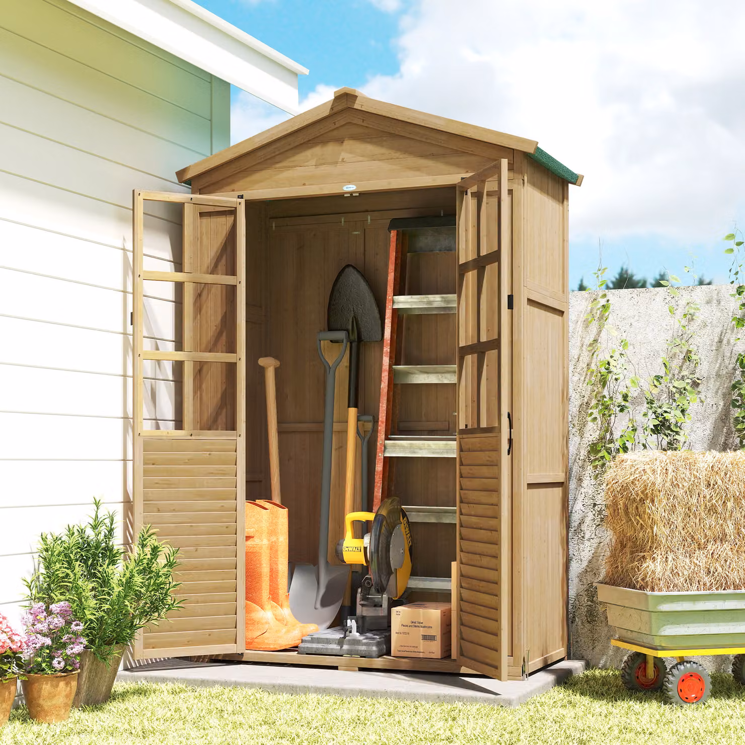 Outsunny Outdoor Wooden Garden Tool Storage Cabinet with Acrylic Windows and Internal Shelving, Brown, W/D/H: 121.0 x 50.5 x 197.0 cm – 5