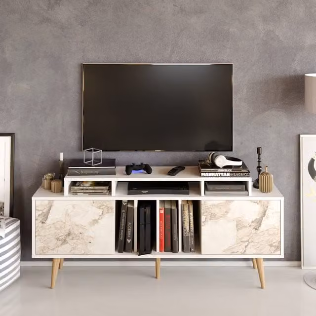 Decorotika Charlize Modern White Marble Effect and White TV Unit for TVs up to 63 inch