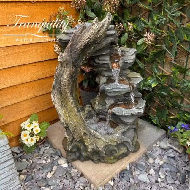 Tranquility Open Crystal Falls Solar Water Feature with Grey Wood Effect Cascade