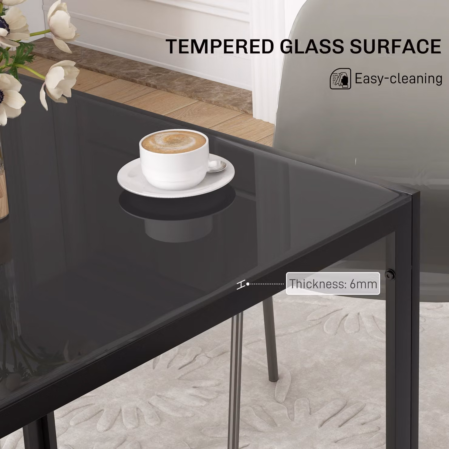 HOMCOM Modern Square Dining Table with Glossy Black Glass Top and Metal Legs, W/D/H: 80 x 80 x 75 cm – 4