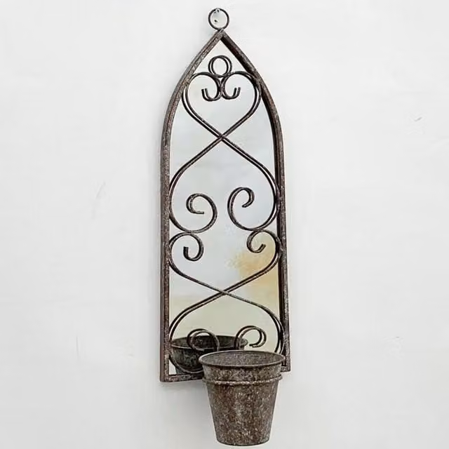 Minster Rusty Wall Mirror with Single Planter in Grey Distressed Metal, W: 20 cm, D: 15 cm, H: 65 cm
