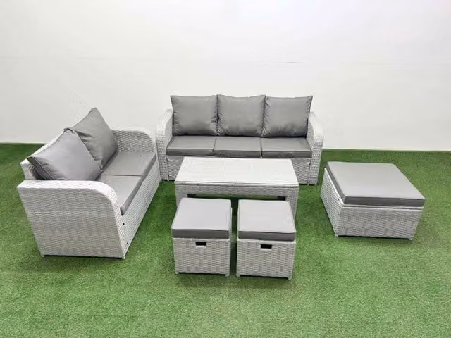 Fimous 8 Seater PE Rattan Wicker Garden Furniture Set in Light Grey with Oblong Coffee Table, 3 Seater Sofa, Love Seat and 3 Stools