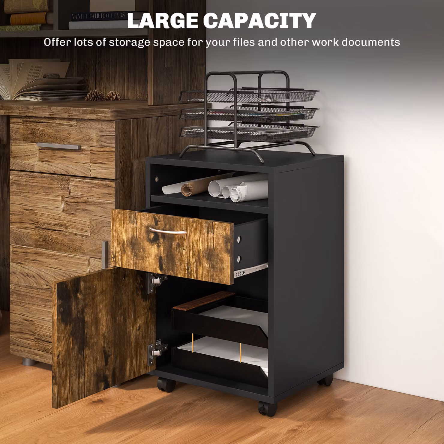 HOMCOM Mobile Storage Cabinet in Rustic Brown with Drawer, Open Shelf, Metal Handles and 4 Wheels – 4