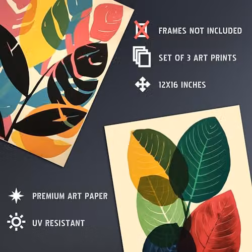 Artery8 Set of 3 Abstract Boho Leaf Paper Poster Prints, Multicolour Graphic Wall Art – 4