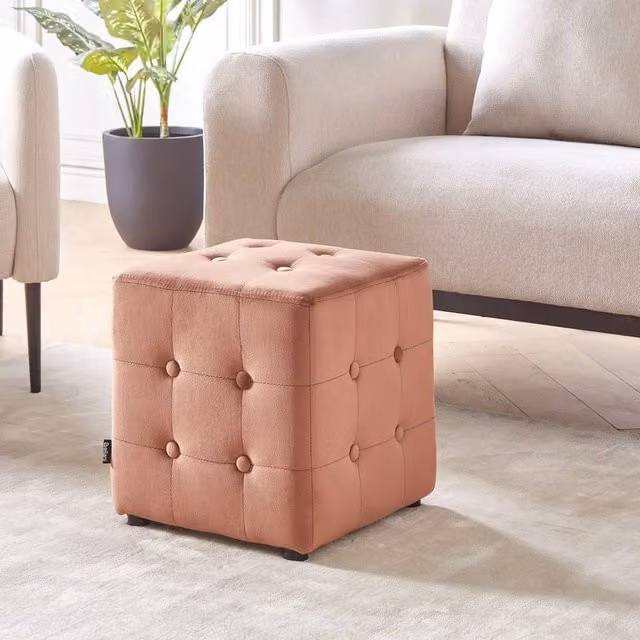Wyld and Coco Pink Velvet Button Tufted Cube Pouffe