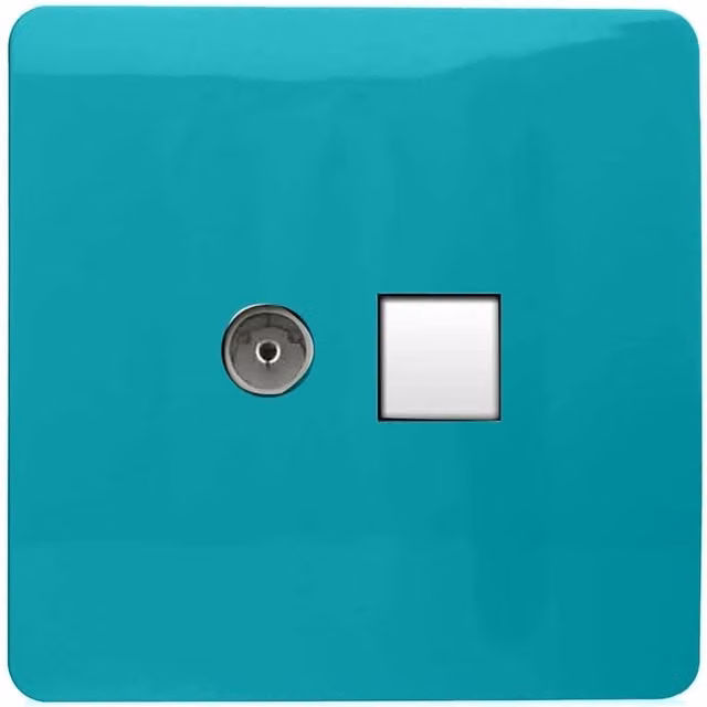 Trendi Artistic Modern Combination TV Co-axial and Telephone Socket in Bright Teal
