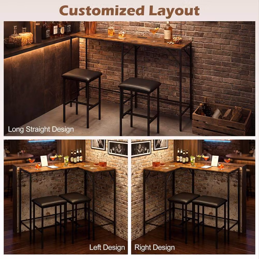 Gymax 3-Piece L-Shaped Bar Table and Chair Set in Brown – 5