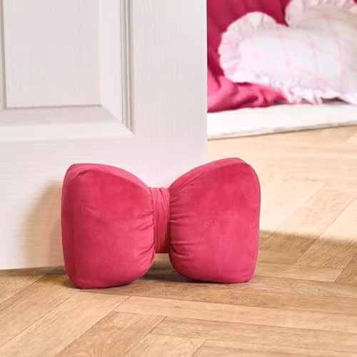 OHS Bow Shaped Weighted Door Stop in Pink Matte Velvet Fabric – 2
