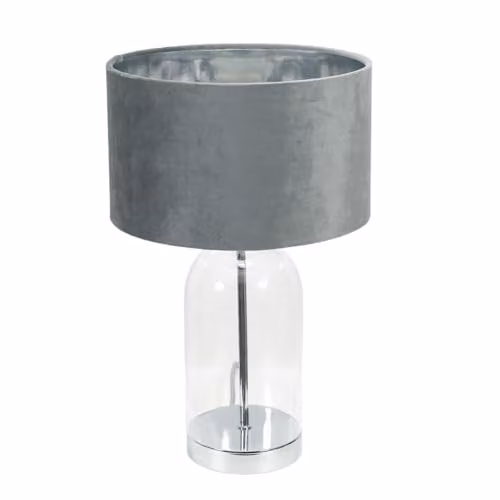 ValueLights Jessy Glass Table Lamp with Silver Base, Grey Velvet and Chrome Inner Shade, including Warm White Bulb