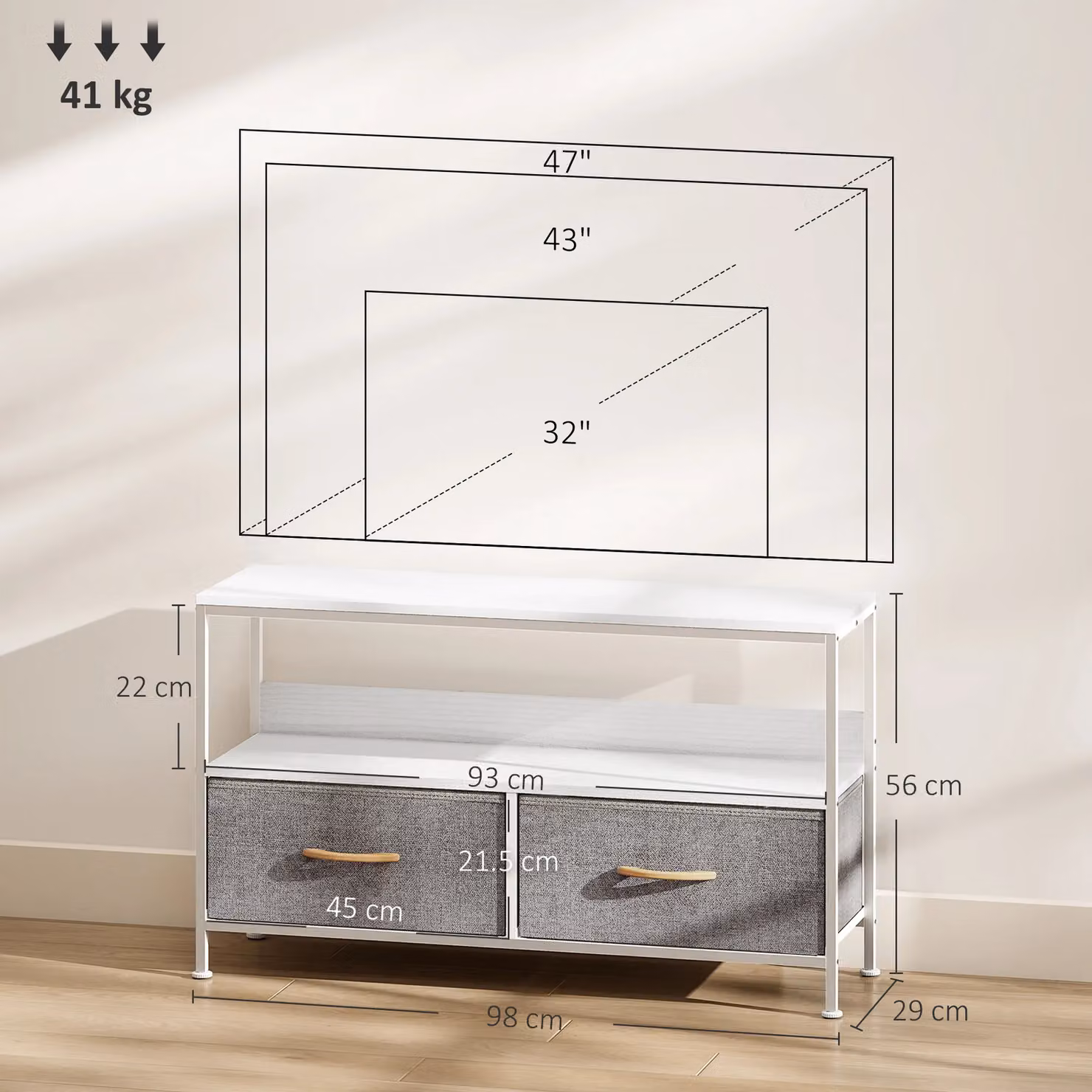 HOMCOM Modern White TV Cabinet with 2 Foldable Linen Drawers – 3