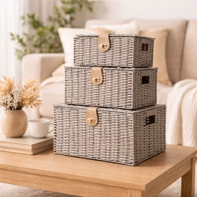 Marco Paul Grey Set of 3 Stackable Rattan Storage Baskets with Lids