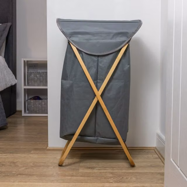 JVL Foldable Bamboo Laundry Storage Hamper with Removable Fabric Bag and Handles, Grey