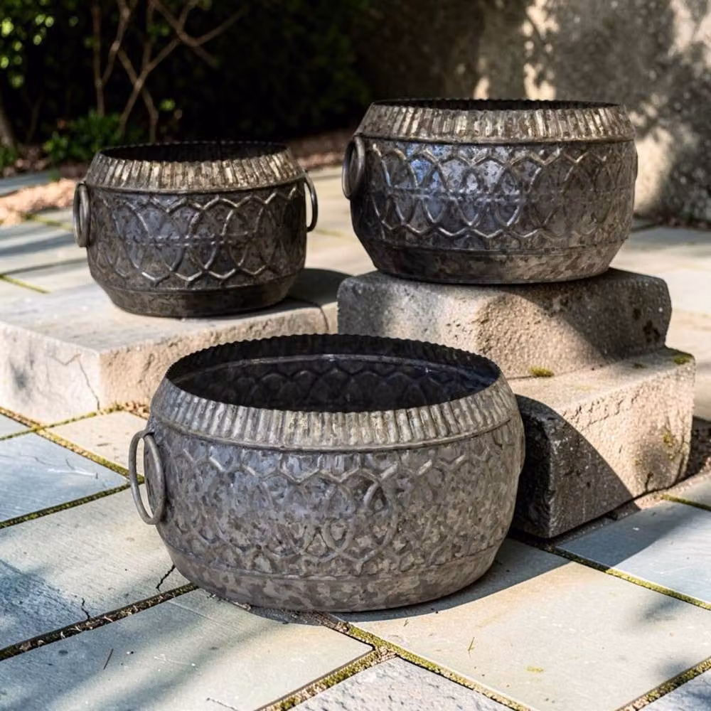Four Candle Set of 3 Grey Embossed Galvanised Metal Bowl Planters – 2