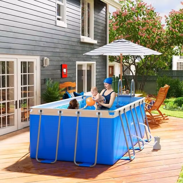 Outsunny Blue Rectangular Steel Frame Swimming Pool with Ladder, Pump, Filter and Repair Kit, W: 400 cm, D: 207 cm, H: 122 cm