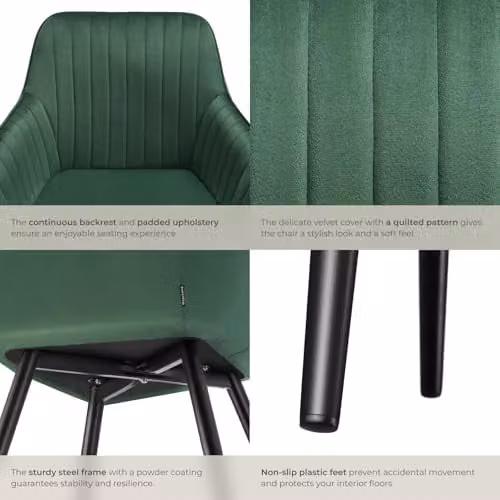 tectake Dining Chair with Quilted Velvet-Look Cover and Armrests in Dark Green and Black – 6