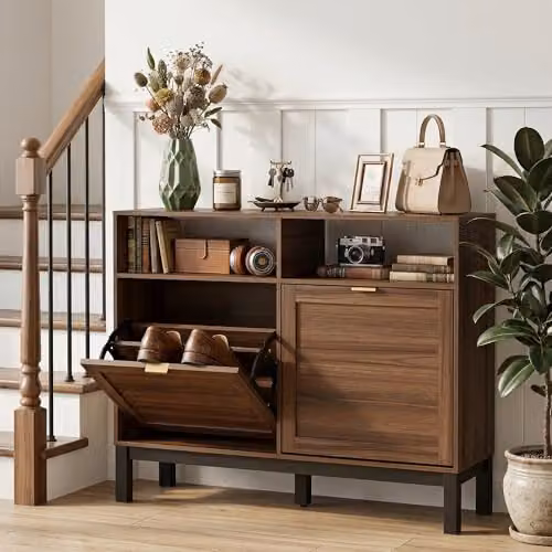 HOMCOM Rustic Brown Narrow Shoe Cabinet with 2 Tilting Compartments and Open Shelf, W/D/H: 80 x 29 x 120 cm – 5