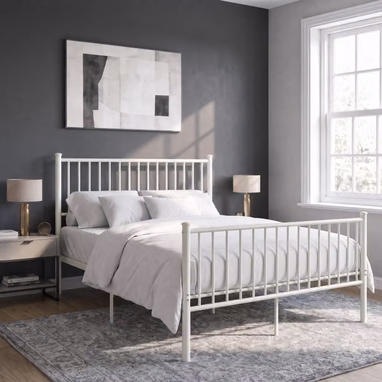 DHS White Lacquered Metal Vertical Bed Frame with High Headboard, W/D/H: 100 x 200 cm