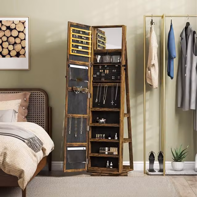 HOMCOM 360 Degree Swivel Jewellery Cabinet with Mirror and Internal Shelves, Brown Rustic Wood
