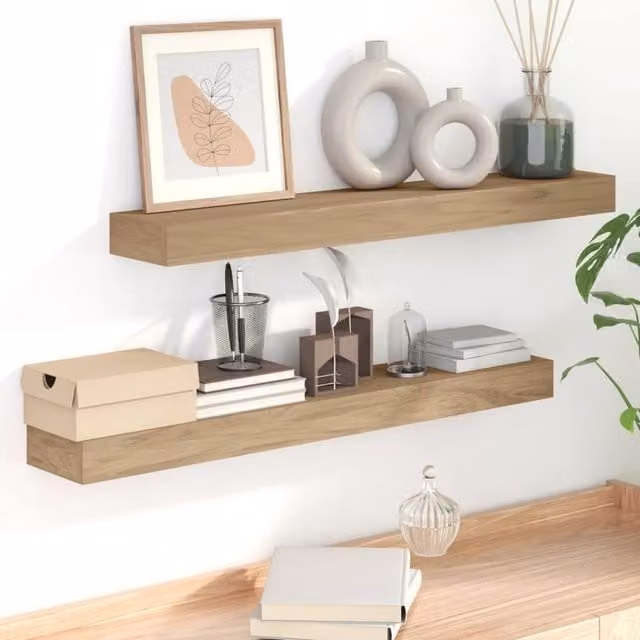 Berkfield Home Set of 2 Rustic Solid Teak Wall Shelves in Brown, W/D/H: 90 x 15 x 6 cm
