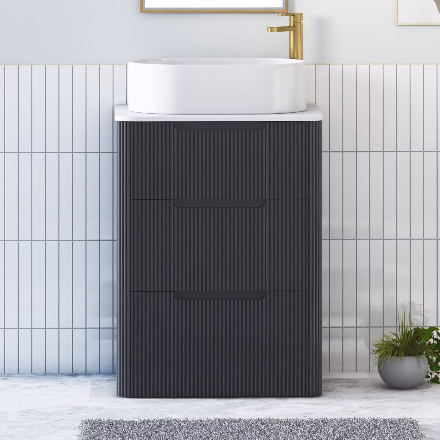 Royal Bathrooms Avenza 600mm Matt Obsidian Black Floor Standing 3 Drawer Vanity Unit with Plain White Worktop and Peak Basin