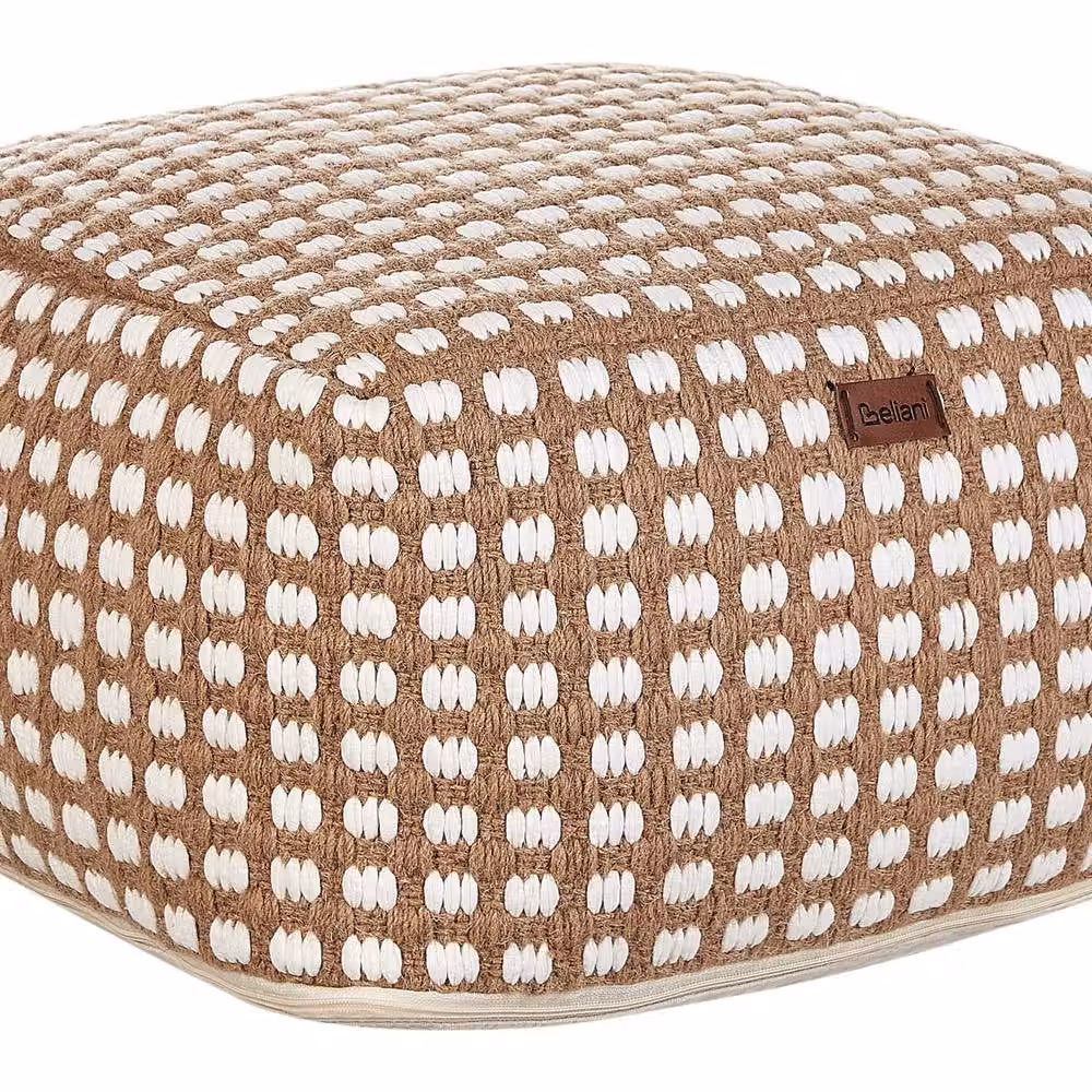 Wyld and Coco Handwoven Boho Pouf Ottoman in Beige Cotton and Wool, W/D/H: 50 x 50 x 30 cm – 2
