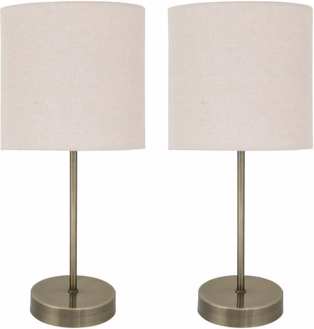 First Choice Lighting Set of 2 Bronze Stick Table Lamps with Beige Fabric Cylinder Shades – 1