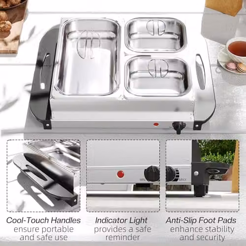 HOMCOM 3 Tray Electric Food Warmer Buffet Server with Warming Plate, 300W, Silver – 6