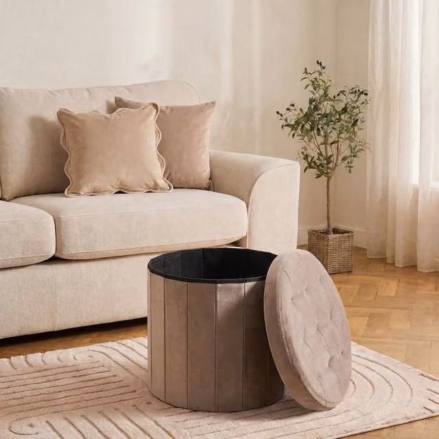 OHS Matte Velvet Round Ottoman Storage Stool in Taupe