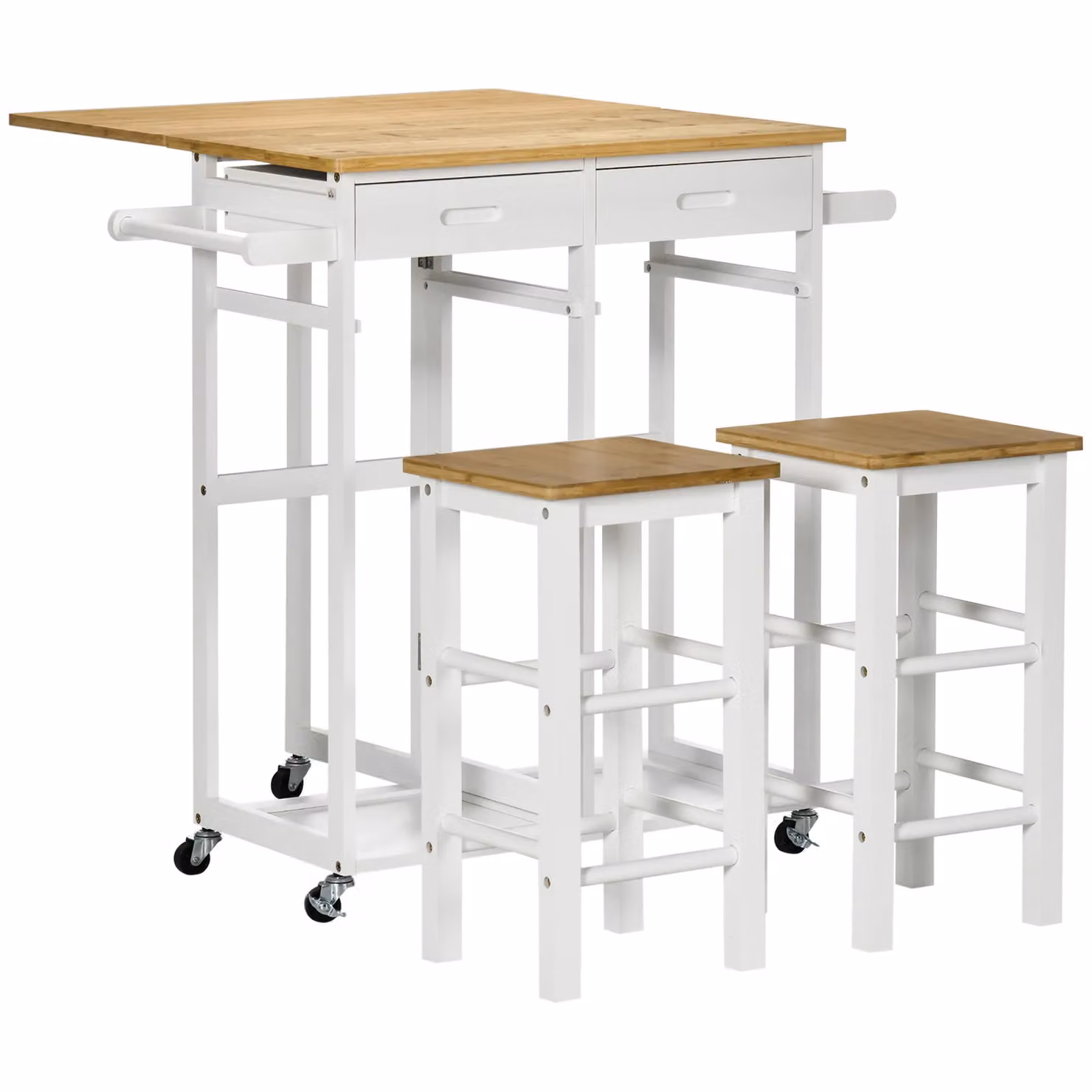 HOMCOM Bamboo Kitchen Island Set with Drop Leaf Breakfast Cart and Two Stools, White – 2
