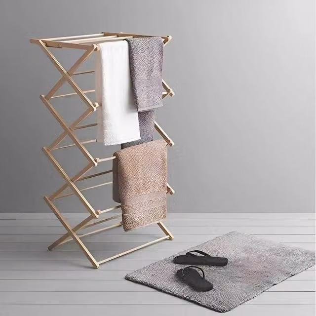 PAWNORA Folding Bamboo Clothes Airer Horse Rack in Sand
