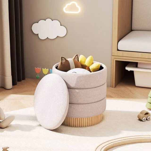 Costway Modern Round Storage Ottoman in Beige Upholstered Chenille with Lid