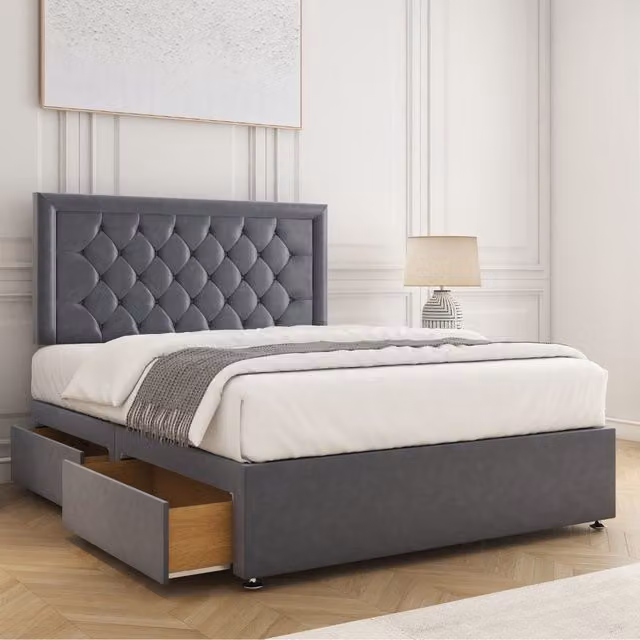 BSSPOKE Nova Divan Bed Set with 24 inch Plush Headboard, 2 Same Side Drawers and Mattress in Charcoal Grey, Single, W/D/H: 90 x 190 cm