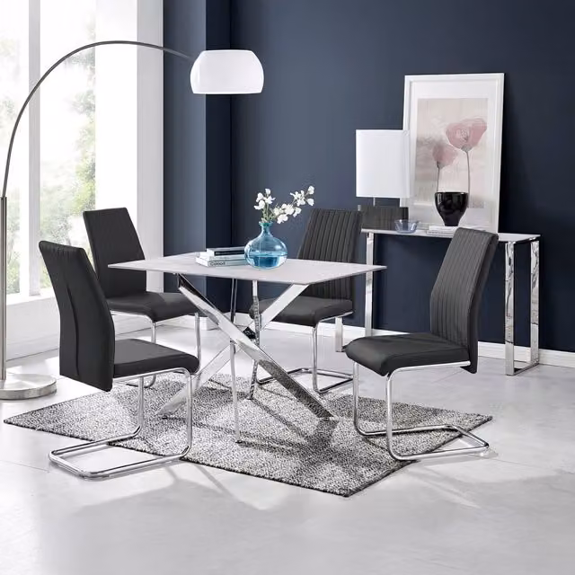 FurnitureboxUK Leonardo White Glass Marble Effect Dining Table with 4 Black Lorenzo Chairs
