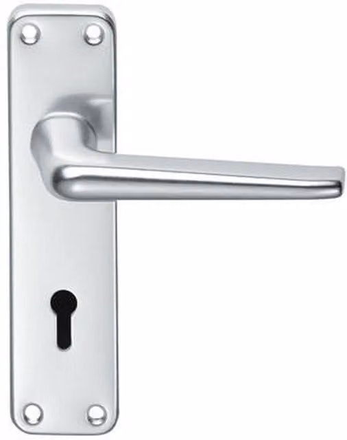 Loops Pair Straight Tapered Handle on Lock Backplate in Brushed Silver Aluminium, W: 15.2 cm, H: 4.1 cm