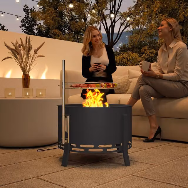Outsunny Black Steel Portable Fire Pit and Fire Bowl with 58 cm Diameter and Grill Grate