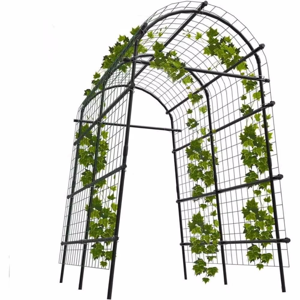 VOGREX Black Metal Garden Arbor with Netting and Trellis Support, Height: 228.6 cm – 2