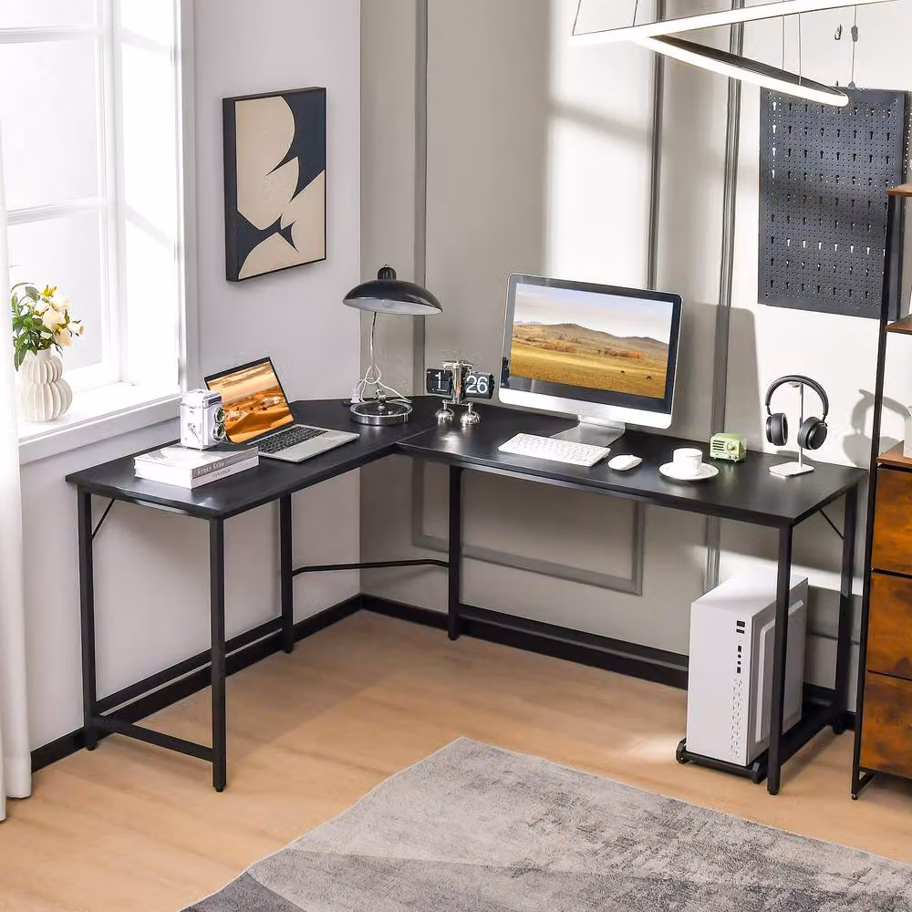 Costway L-Shaped Corner Home Office and Gaming Desk with CPU Stand in Black – 3