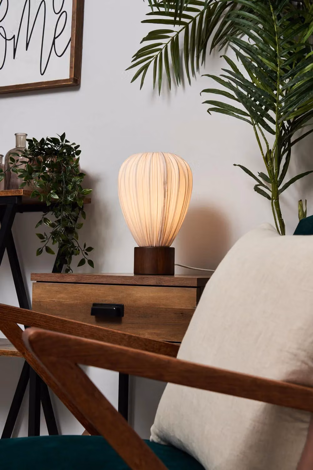 BHS Lighting Daisy Table Lamp in Ivory and Beige with Wood Base – 2