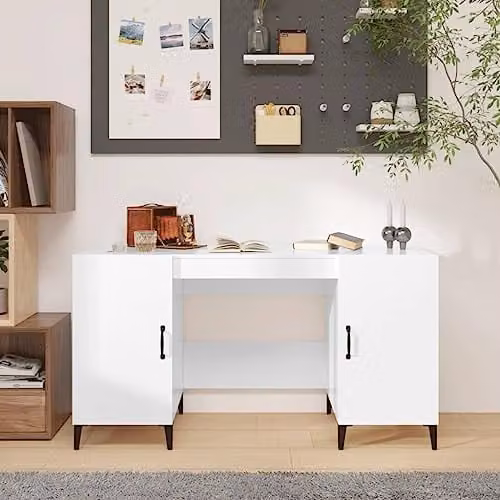 vidaXL Industrial Style Writing Desk in Glossy White, W/D/H: 140 x 50 x 75 cm