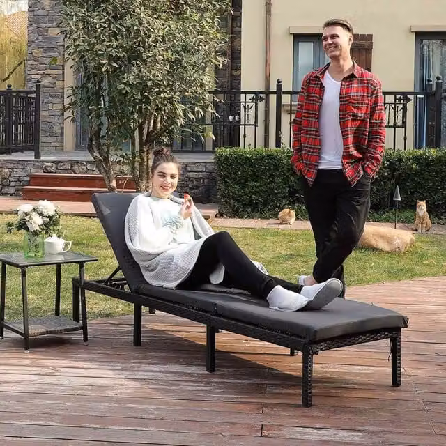 The Bazaarist Reclining Outdoor Sun Lounger with Cushion in Rattan Style, Grey and Black